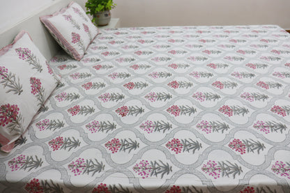 Veda Handblock Printed Percale Bedsheet 300 TC With Two Reversible Pillow Covers