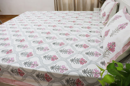 Veda Handblock Printed Percale Bedsheet 300 TC With Two Reversible Pillow Covers