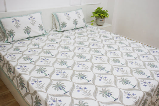 Veda Handblock Printed Percale Bedsheet 300 TC With Two Reversible Pillow Covers