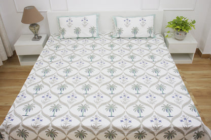 Veda Handblock Printed Percale Bedsheet 300 TC With Two Reversible Pillow Covers