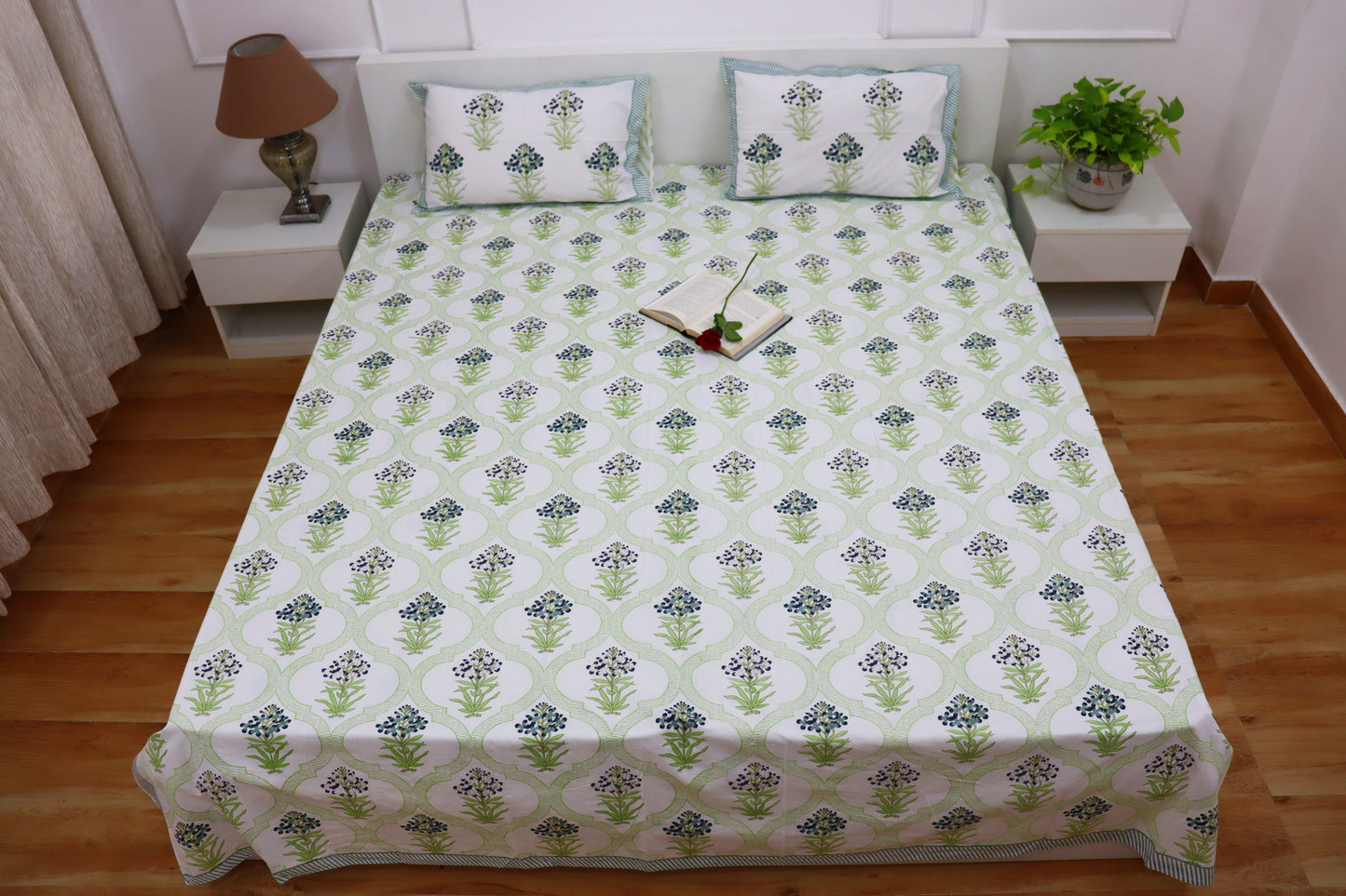 Veda Handblock Printed Percale Bedsheet 300 TC With Two Reversible Pillow Covers