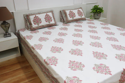 Veda Handblock Printed Percale Bedsheet 300 TC With Two Reversible Pillow Covers