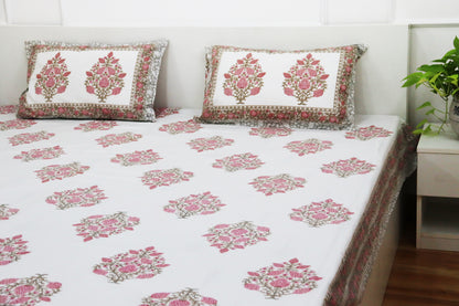 Veda Handblock Printed Percale Bedsheet 300 TC With Two Reversible Pillow Covers