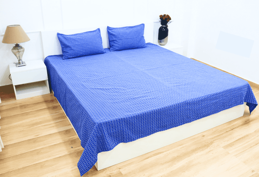 theindiglobal Premium Handloom Cotton Double Bedsheet with 2 Pillow Covers, Handwoven Quilted Bed Cover 90 X 100 Inches , 210 Threadcount, Blue