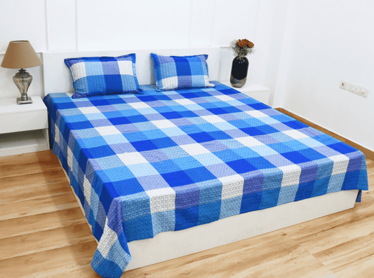 theindiglobal Premium Handloom Cotton bedsheet for double bed/Quilted Bedsheet (90 X 100 Inches) with 2 Pillow Covers, Kantha Embroidery, 210 Threadcount (Blue White)…