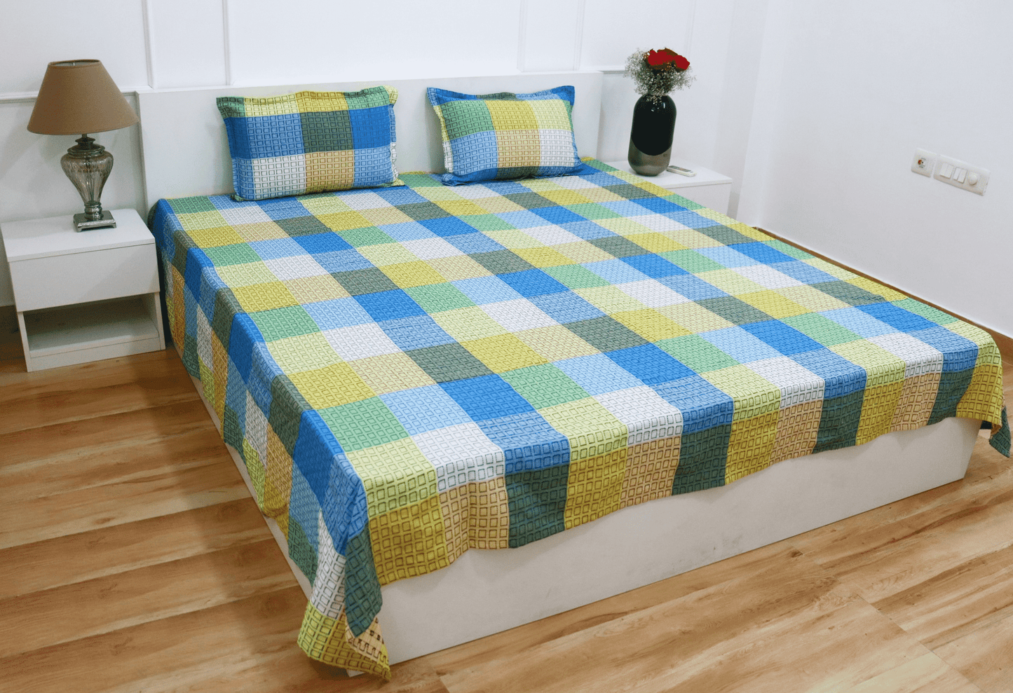 theindiglobal Premium Handloom Cotton bedsheet for double bed/Quilted Bedsheet (90 X 100 Inches) with 2 Pillow Covers, Kantha Embroidery, 210 Threadcount (Blue-Yellow)…