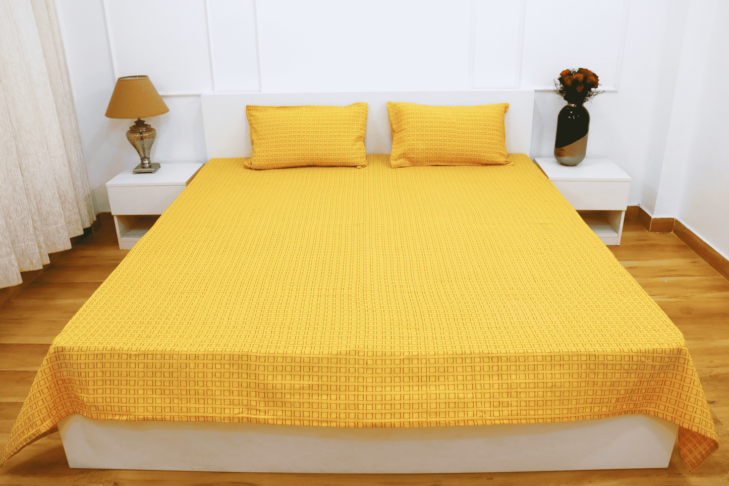 theindiglobal Premium Handloom Cotton bedsheet for double bed/Quilted Bedsheet (90 X 100 Inches) with 2 Pillow Covers, Kantha Embroidery, 210 Threadcount (Yellow)…