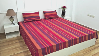 theindiglobal Premium Handloom Cotton bedsheet for double bed (90 X 100 Inches) with 2 Pillow Covers, Classic Lines, 210 Threadcount (Red-Purple)…