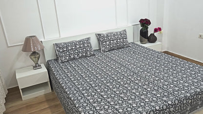 theindiglobal Handprinted Cotton bedsheet for Double bed (90 X 100 Inches) with 2 Reversible Pillow Covers, Fulwari, 210 Threadcount (Grey)…