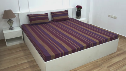 theindiglobal Premium Handloom Cotton bedsheet for Double Bed (90 X 100 Inches) with 2 Pillow Covers, Classic Lines, 210 Threadcount (Maroon & Purple)…