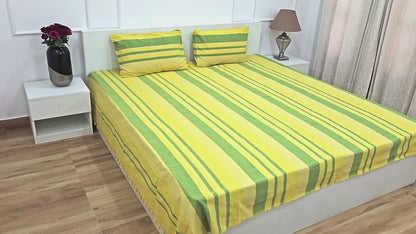 theindiglobal Premium Handloom Cotton bedsheet for double bed (90 X 100 Inches) with 2 Pillow Covers, Classic Lines, 210 Threadcount (Yellow & Green)…