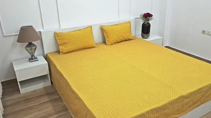 theindiglobal Premium Handloom Cotton bedsheet for double bed/Quilted Bedsheet (90 X 100 Inches) with 2 Pillow Covers, Kantha Embroidery, 210 Threadcount (Yellow)…